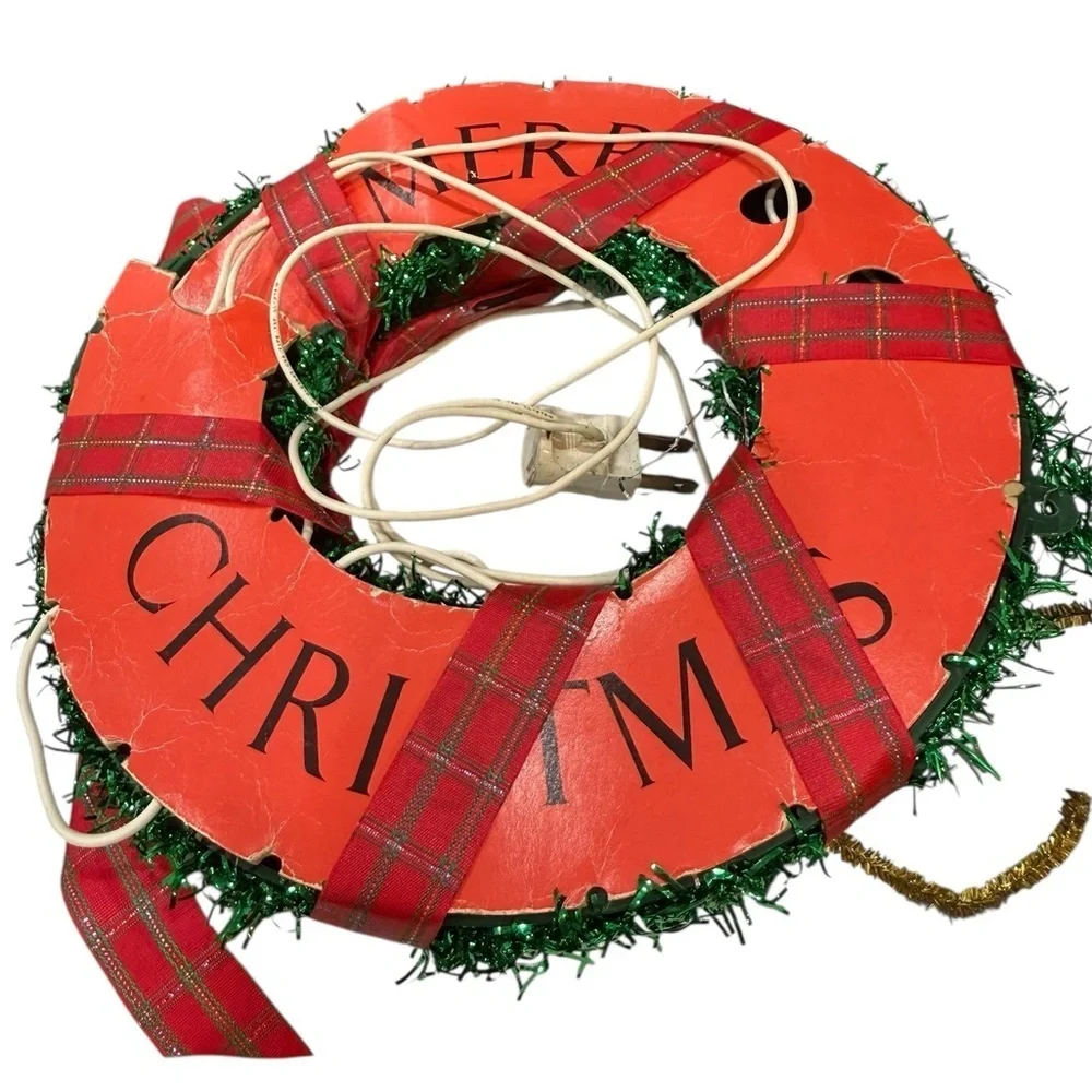 GE Festive Lighted Wreath - Green and Red 12 lights VTG As Is Original Box